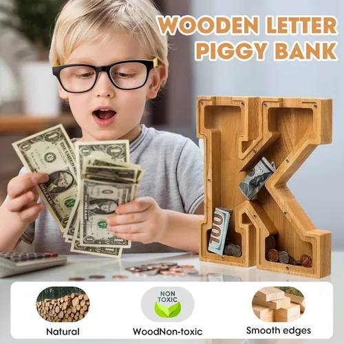 Miniatura 2 de Alcancía de madera con letras para niños, niñas y adultos, 10 pulgadas, grande, 26 letras, irrompible, caja de dinero, con calcomanía de bricolaje