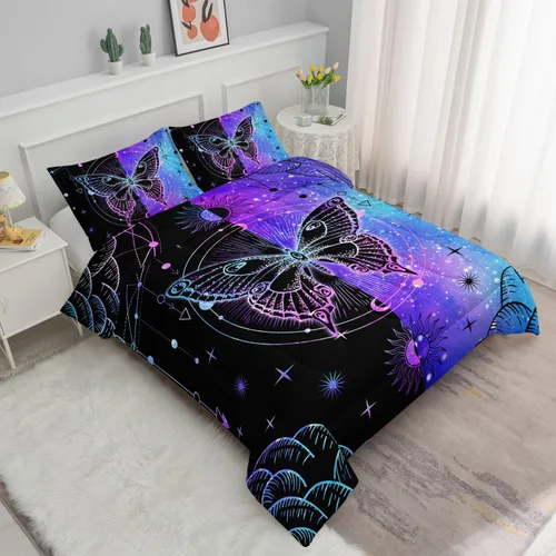 Miniatura 2 de Datura home Juego de edredón de mariposa negra y azul para niñas y mujeres, juego de ropa de cama bohemio con estampado de mandala de mariposa, sol