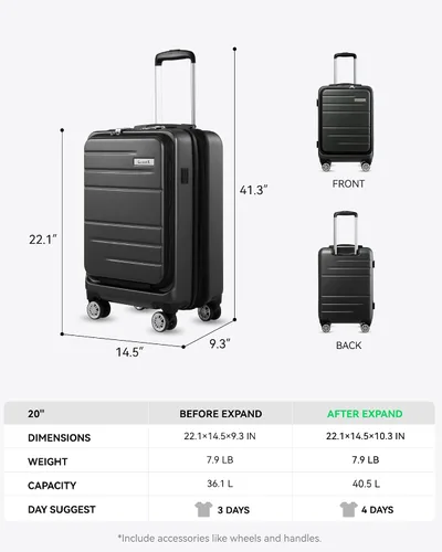 Miniatura 8 de LUGGEX Maleta de mano con bolsillo frontal, maleta rígida de policarbonato expandible con puerto USB, Negro -, Maleta de mano