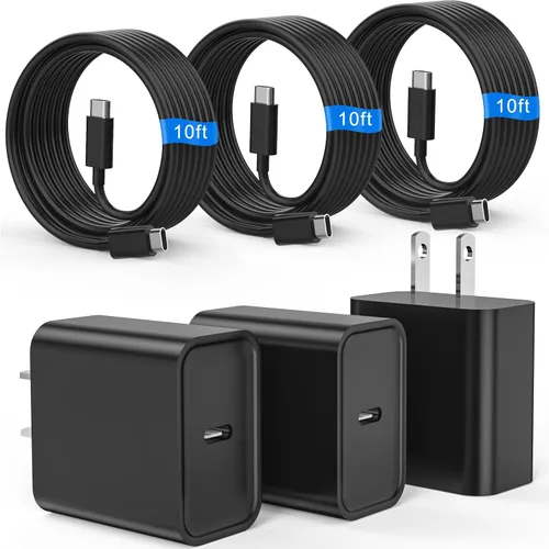 Cargador de carga rápida para iPhone 16 y 15, paquete de 3 cargadores USB C PD de 20 W con cable de 10 pies, cable USB C tipo C para iPhone 16/16