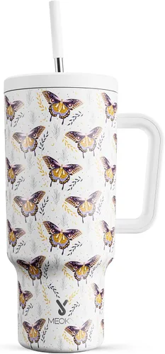Miniatura 44 de Meoky - Vaso de 30 oz con asa, tapa y pajilla, taza de viaje térmica de acero inoxidable 100% a prueba de fugas, para portavasos, mantiene el frío