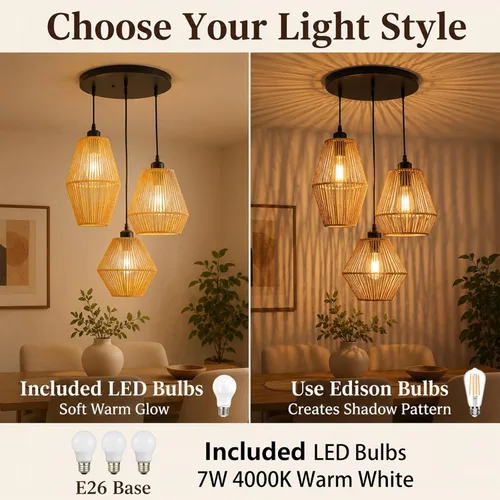 Miniatura 7 de Lámpara colgante de ratán de 3 luces, candelabro bohemio tejido a mano, lámpara colgante de mimbre, lámpara de cocina y comedor sobre mesa, luz