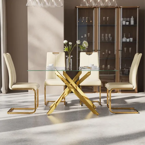 Miniatura 3 de Juego de mesa de comedor de 5 piezas para 4, mesa rectangular moderna de cristal con 4 sillas tapizadas de cuero, juegos de mesa y sillas de comedor