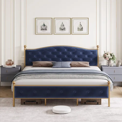 Miniatura 3 de Base de cama tapizada de tamaño matrimonial con botones y tela de terciopelo, base de colchón resistente con marco de metal y listones de madera
