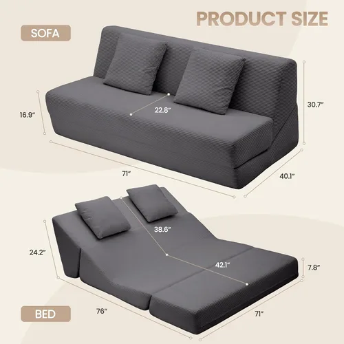 Miniatura 2 de Sofá cama plegable, silla convertible con almohadas, espuma viscoelástica de alto soporte y tela de pana suave, cómodo sofá cama de dos plazas