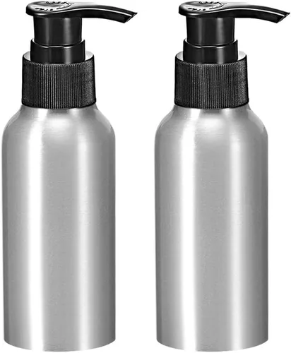 uxcell Botella de bomba de aluminio de 4 oz/4.1 fl oz con tapa de bomba negra, botella de viaje vacía recargable para cocina y baño, 2 unidades