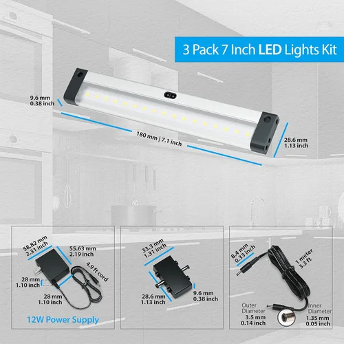 Miniatura 7 de EShine Kit de iluminación LED activada por ondas manuales para debajo del gabinete, regulable, paquete de 3 unidades de 7 pulgadas, control