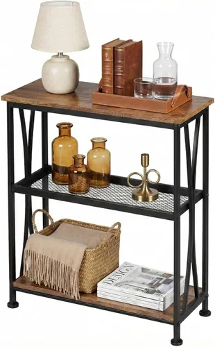 Mesa auxiliar estrecha, mesa auxiliar de 3 niveles con estantes de almacenamiento, mesa de pasillo pequeña, mesa de acento industrial con marco de