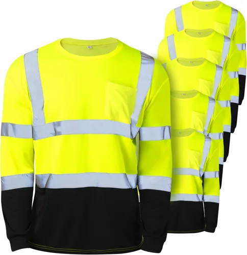 Zhanmai 6 Pack Long Sleeve Safety Shirt High Visibility Reflective Class 3 Hi Vis Construction Safety Shirt with Pocket Amarillo