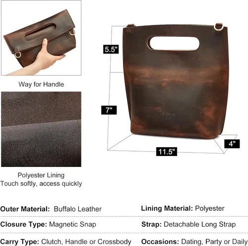 Miniatura 3 de S-ZONE Women Vintage Genuine Leather Crossbody Bag Distressed Foldable Clutch Top Handle Handbag Purse