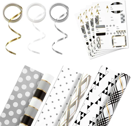 Paquete de papel de envolver reversible Hallmark con cinta y etiquetas adhesivas de regalo - Negro, rayas doradas, cuadros (paquete de 3, 120 pies