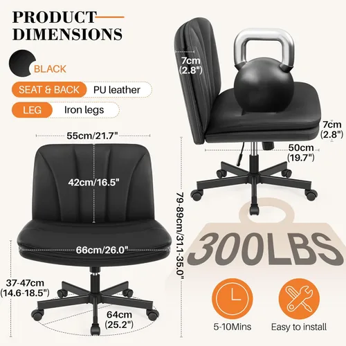 Miniatura 2 de FelixKing Silla Criss Cross con Ruedas, Silla de Oficina con Patas Cruzadas, Silla de Tocador de Escritorio Ancha sin Brazos con 2 Capas de Negro