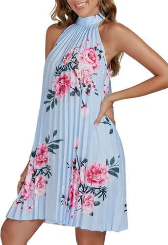 Miniatura 4 de Vrtige Vestido corto de mujer con cuello halter floral, plisado, sin mangas, dobladillo fluido, acampanado, para mujer