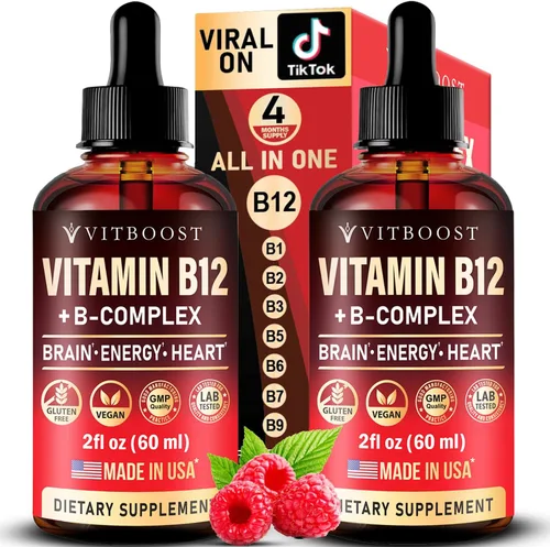 Vitamina B12 vegana con complejo B de 20000 mcg, extra fuerte para hombres y mujeres, gotas líquidas de frambuesa, fabricadas en Estados Unidos, B1,