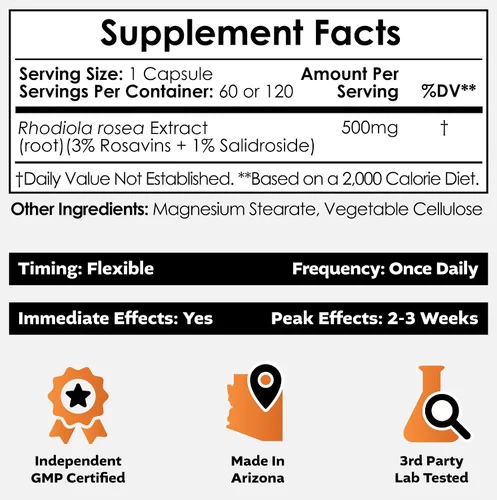 Miniatura 2 de Nootropics Depot Cápsulas de Rhodiola Rosea 500 mg 3% Rosavins 60 unidades Hierba adaptógena Suplemento ayurvédico Apoya niveles