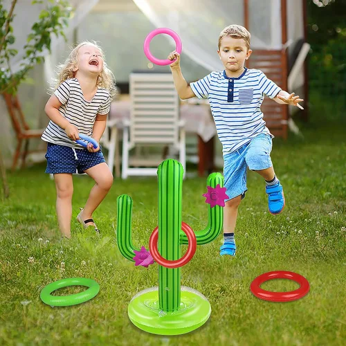 Miniatura 6 de Juego de 8 anillos inflables, aro de baloncesto inflable, juego de lanzamiento de cactus, juego de lanzamiento cruzado y 2 pelotas de baloncesto