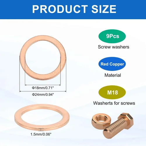 Miniatura 2 de MECCANIXITY 9Pcs Arandela Plana, Kit de Arandelas de Cobre M18 Anillo de Sellado de Cobre Arandela de Aplastamiento Surtido, 18mm ID, 24mm OD, 1.5mm