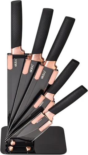elabo - Juego de cuchillos de cocina de acero inoxidable antiadherentes con soporte, 5 piezas, color negro, mango de oro rosa