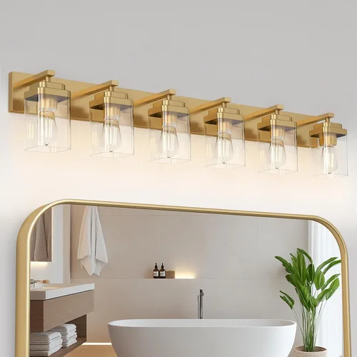 Miniatura 8 de Lámparas de baño de oro cepillado, 4 luces de baño sobre el espejo, diseño cuadrado y placa trasera grande rectangular, accesorios de iluminación