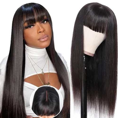Miniatura 7 de Straight Human Hair Wigs with Bangs 180% Density 2x4 Lace Front Wigs with Bangs Closure Wear and Go Glueless Wigs 100% Brazilian Virgin Human Hair