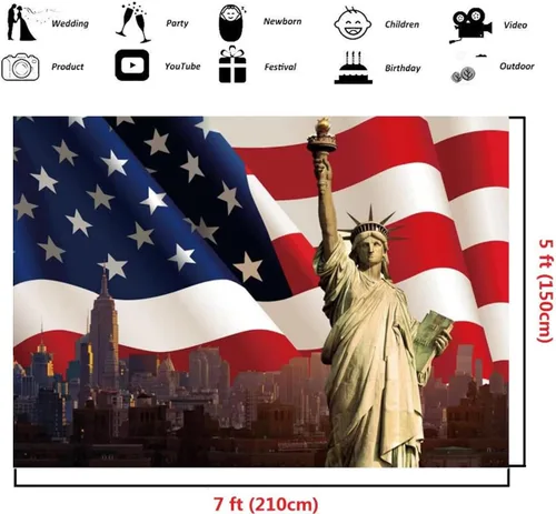 Miniatura 3 de Fondo de vinilo de 5 x 3 pies con bandera estadounidense, 4 de julio, celebra el Día Nacional, Estatua de la Libertad, Fondo de fotografía