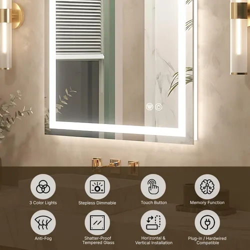 Miniatura 2 de Espejo de tocador LED de 24 x 36 para baño, espejo LED frontal y retroiluminado para baño con 3 luces de color, espejo de tocador de pared
