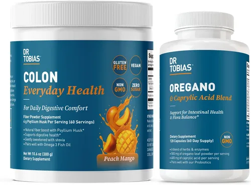 Dr. Tobias Colon Everyday Health y mezcla de orégano y ácido caprílico – Bebida de fibra de psyllium y complejo de equilibrio intestinal con enzimas