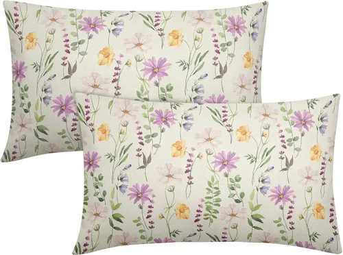 Miniatura 30 de Juego de 2 fundas de almohada de primavera de 16 x 16 pulgadas, diseño de conejo, flores rosas, hojas verdes salvia, plantas botánicas vintage