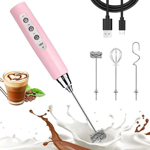 Nahida Espumador de Leche Rosa para Café, Espumador de Mano Recargable Batidor Eléctrico con 3 Cabezales, 3 Velocidades, Mezclador de Bebidas,