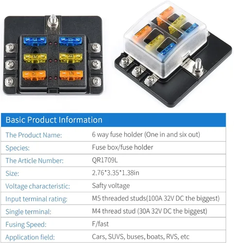 Miniatura 6 de Bloque de fusibles de 6 vías, fusible de hoja de 12 V, 6 circuitos, ATC/ATO, impermeable, soporte para caja de fusibles con indicador LED, cubierta