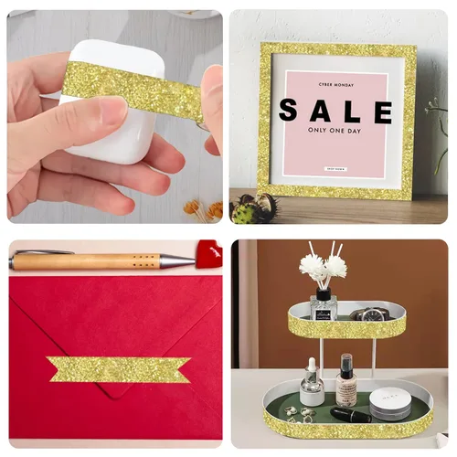 Miniatura 3 de Cinta Washi con purpurina, 3 rollos de cinta decorativa dorada de 5/8 pulgadas (15mm), autoadhesiva pegajosa para manualidades con ribete dorado