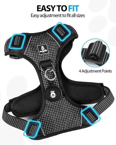 Miniatura 4 de Emperor Pets Arnés sin tirones para perros pequeños, chaleco Oxford reflectante acolchado suave, 2 clips para correa, ajuste ligero ajustable, negro