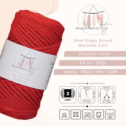 Miniatura 2 de Makromecity, Cordón de macramé de un solo hilo de 3 mm x 100 yardas (300 pies) Hilo de algodón rojo trenzado de 3 mm para arte y manualidades