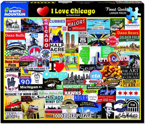 White Mountain Rompecabezas de 1000 piezas de iconos de ciudad ventosa con piezas grandes para adultos y familia, 24 x 30 pulgadas, I Love Chicago