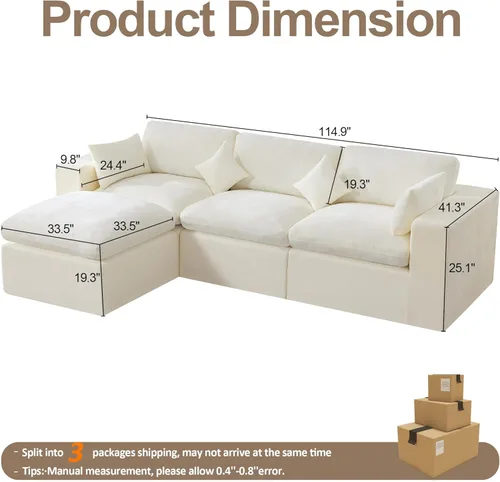 Miniatura 2 de Sofá modular sin hueso de 115 pulgadas, sofá modular modular con otomana, tapizado de gran tamaño, convertible, cómodo sofá de felpilla de 4 plazas