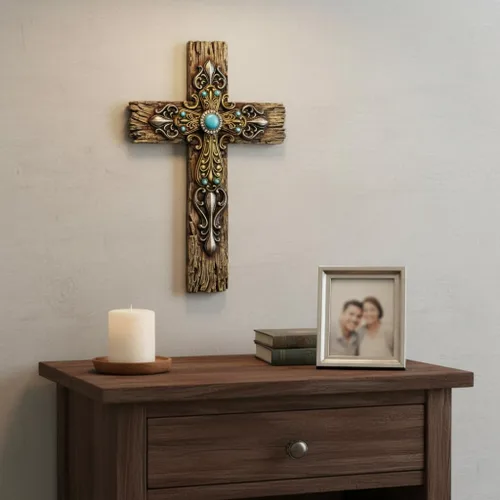 Miniatura 8 de Comfy Hour Cruz de pared de madera sintética rústica de 12 pulgadas con detalles turquesa, placa religiosa victoriana ornamentada, decoración