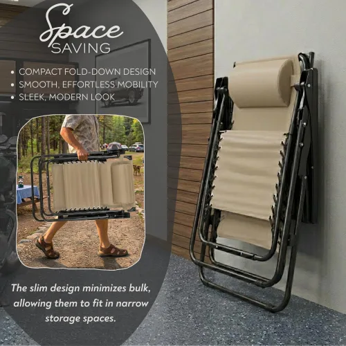 Miniatura 6 de Sillón ajustable de gravedad cero con tela de malla de acero: silla de césped reclinable con almohada cómoda, bandeja portavasos, y posiciones Beige