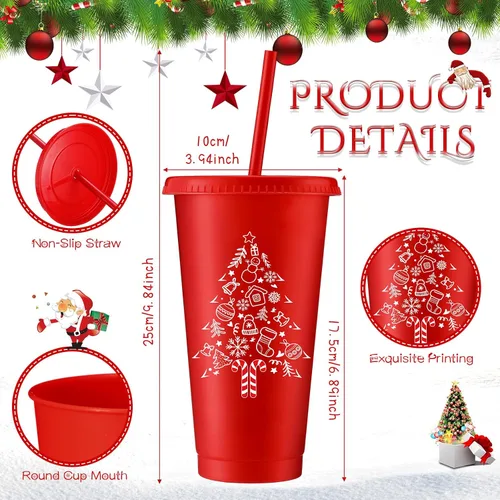 Miniatura 2 de Umigy 24 piezas de tazas de Navidad, tazas de plástico para fiesta de Navidad, 24 oz de tazas reutilizables con tapas y popotes en diferentes temas