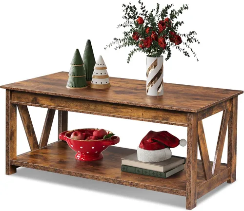 Miniatura 9 de WLIVE Mesa de Centro, Mesa de Centro Estilo Granja de 43" con Estante de Almacenamiento y Soporte Resistente en Forma de V, Mesa Central de Madera