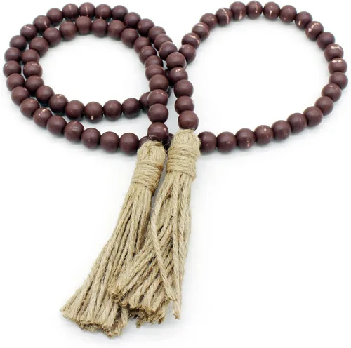 Miniatura 26 de CVHOMEDECO. Guirnalda de cuentas de madera con borlas, diseño rústico de granja, cadena de cuentas de oración para colgar en la pared, acento