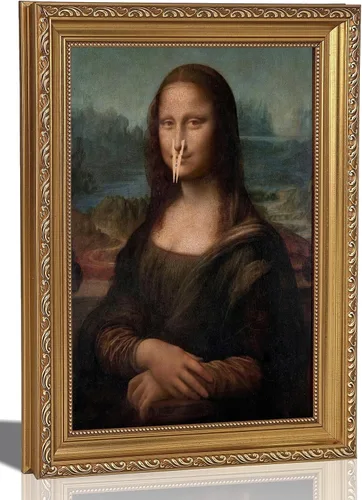 Pintura clásica de Mona Lisa enmarcada en oro, arte de pared de baño, póster divertido de humor divertido para baño, impresión en lienzo de baño