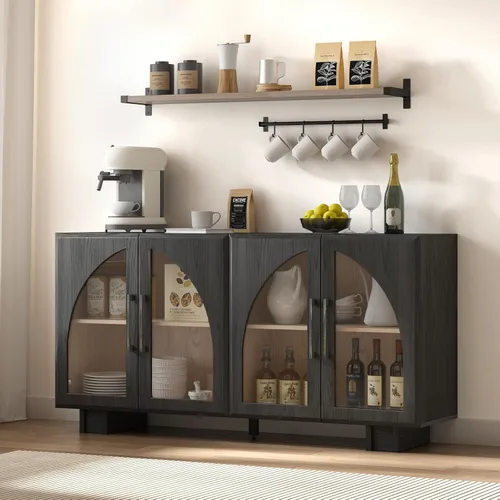 Jiansu furni, Armario buffet de 63 pulgadas con puertas de vidrio arqueadas, moderna credenza de cocina negra con almacenamiento, mesa de consola de