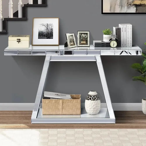 Miniatura 24 de Mesa consola de media luna de 47 pulgadas con cajón de cristal estriado y perilla de cristal, escritorio plateado para entrada, dormitorio, vestidor