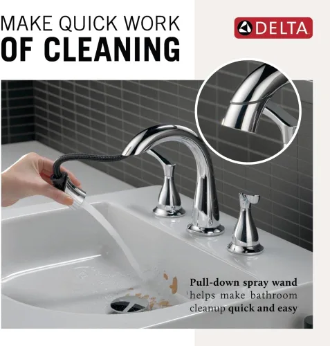 Miniatura 2 de Delta Broadmoor - Grifo de baño cromado con rociador, 8 pulgadas, 3 agujeros, grifo de lavabo de baño extendido con rociador extraíble, drenaje