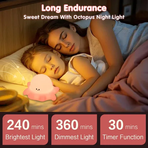 Miniatura 2 de YR YRHH-PET Luz nocturna de pulpo rosa, lámpara LED blanda novedosa de animales, luz nocturna de silicona de grado alimenticio, 3 niveles