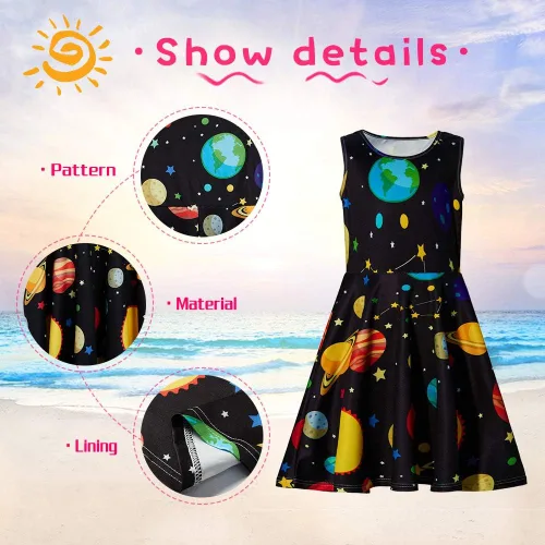 Miniatura 4 de uideazone Vestido sin mangas para niñas, cuello redondo, estampado floral, vestido casual para fiesta en casa, playa, 4-12 años