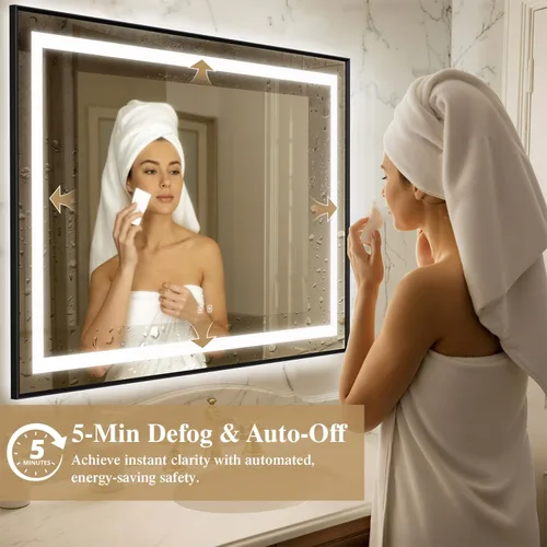 Miniatura 5 de Espejo de baño LED de 24 x 32 pulgadas con luces, espejo de tocador de baño con marco negro con luz frontal + retroiluminación para pared, vidrio