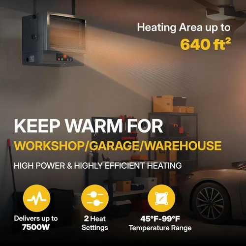 Miniatura 3 de Calentador de Garaje 7500W Calentador Eléctrico de Ventilador Forzado - Montaje en Pared/Techo, Control Inteligente de Temperatura, Protección