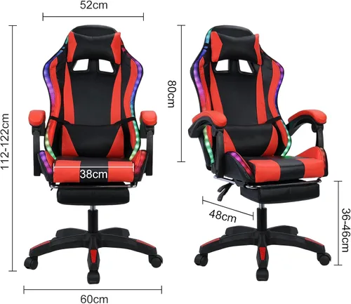 Miniatura 5 de Silla de juegos con altavoces Bluetooth y luces LED, silla ergonómica de piel sintética con reposapiés retráctil, silla giratoria de 360° con Rojo