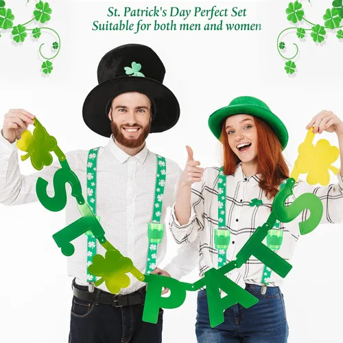 Miniatura 6 de Geyoga 3 juegos de tirantes verdes para el día de San Patricio tirantes elásticos ajustables para hombre con clips trébol con copas y alfileres
